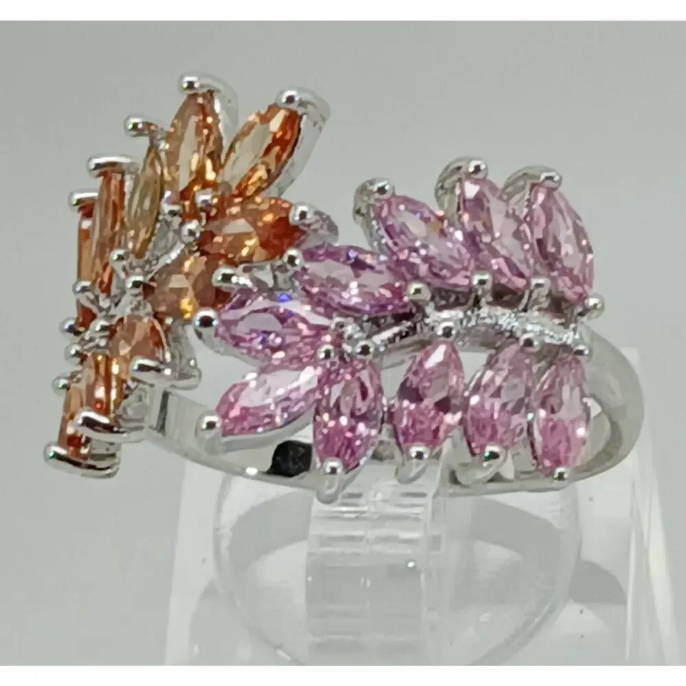 Vintage‎ Ring Size 9.5 Silver Tone White Gold GP Pink Champagne Amber CZ Spray